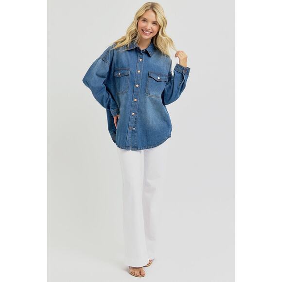 RISEN Snap Button Down Long Sleeves Dark Washed Chest Pockets Denim Shacket - Picture 6 of 6